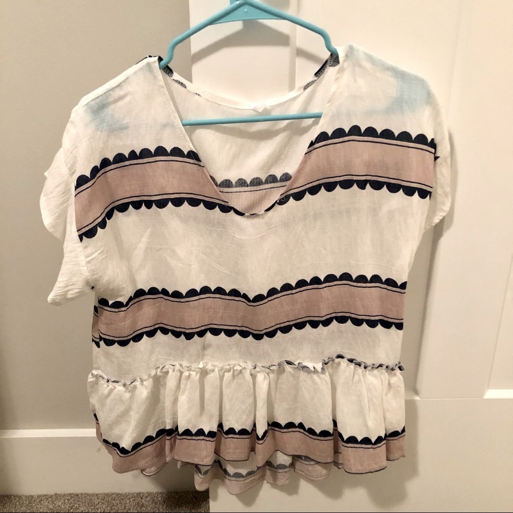 SHEIN Beige Blue Striped Peplum Top XL NWOT